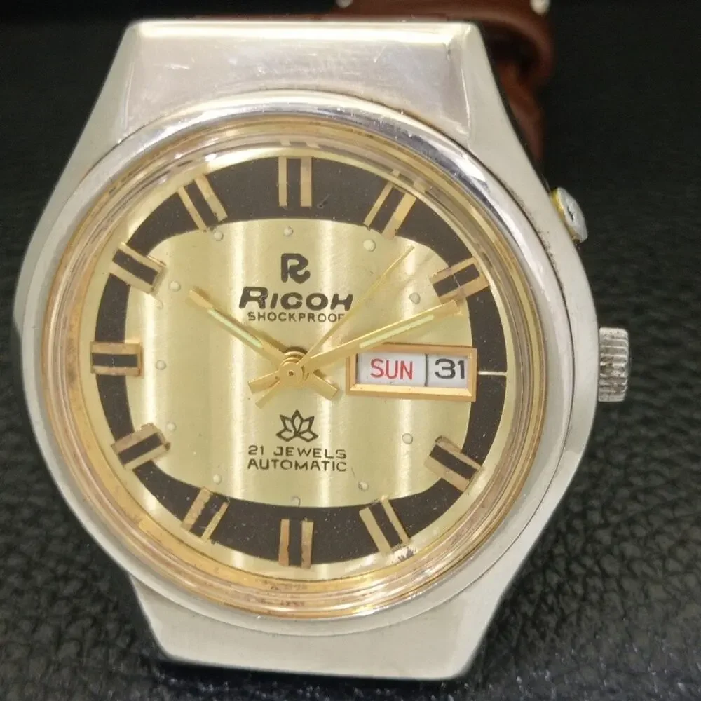 Vintage 1984 Ricoh Automatic Mens Silver Watch W/daydate & Gold accents